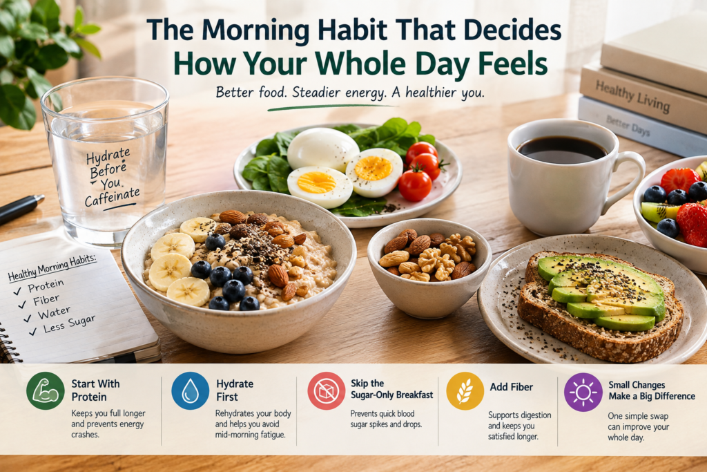 Healthy morning breakfast with protein, fiber, fruit, water, and coffee for steady energy