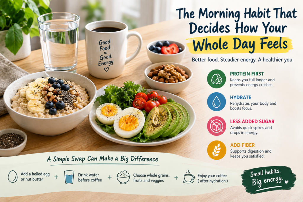 Morning nutrition habits with eggs, oatmeal, fruit, nuts, water, and coffee for steady energy