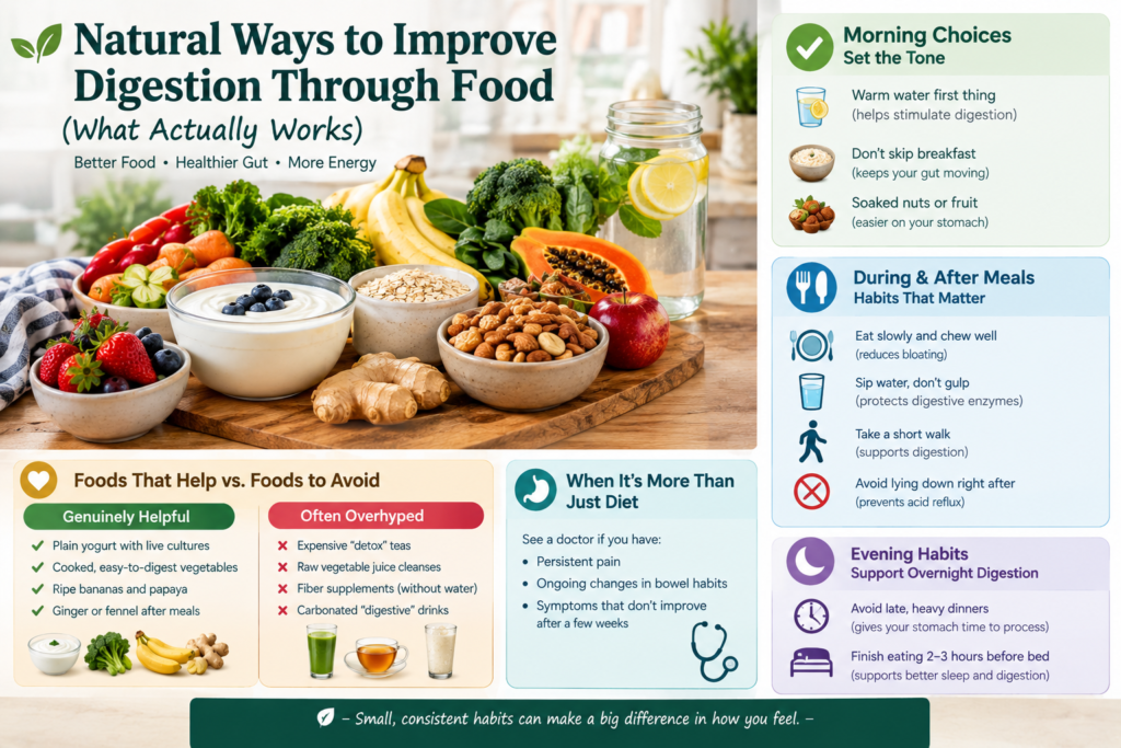 An educational infographic on natural ways to improve digestion through food, featuring fresh yogurt, oats, ginger, papaya, nuts, and lemon water alongside morning, mealtime, and evening digestive health habits.