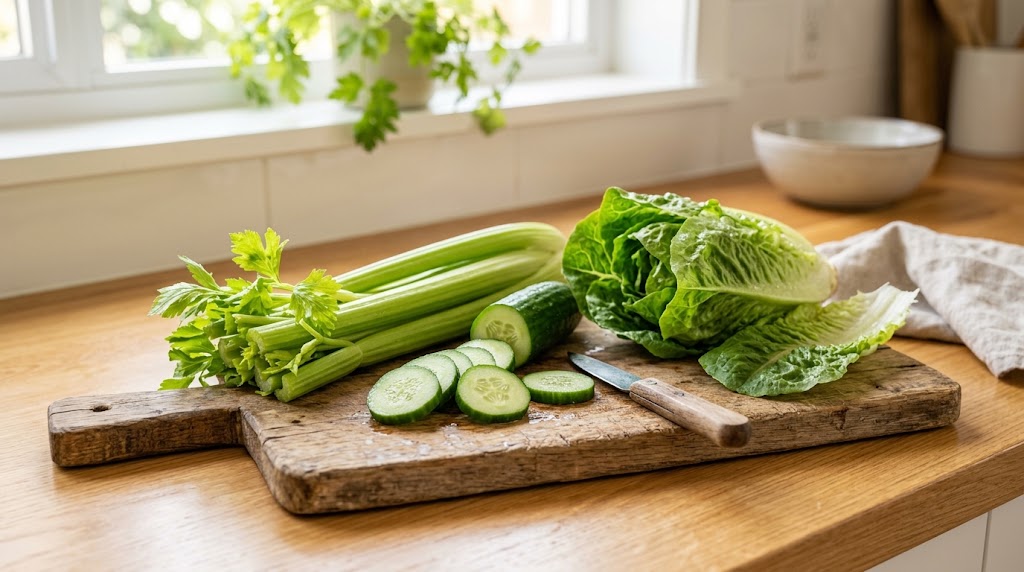 Fresh green celery stalks resting on a clean wooden cutting board next to sliced cucumbers and lettuce in bright daylight.