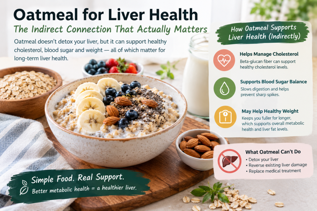 Oatmeal with oats, bananas, blueberries, almonds, and chia seeds for supporting liver health and metabolic wellness