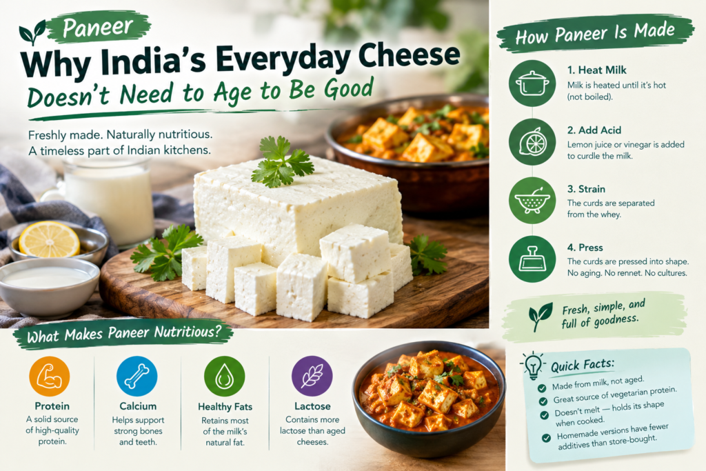 Paneer cheese made from milk with lemon, showing how fresh paneer is curdled, strained, pressed, and used in Indian cooking