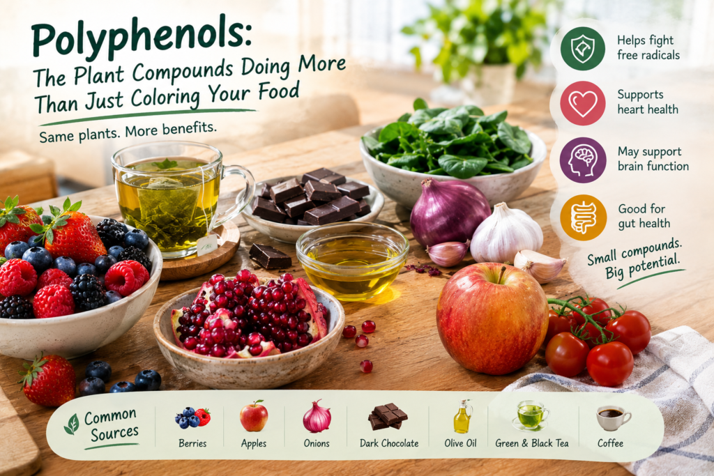Polyphenol-rich foods including berries, apples, dark chocolate, olive oil, tea, onions, and tomatoes