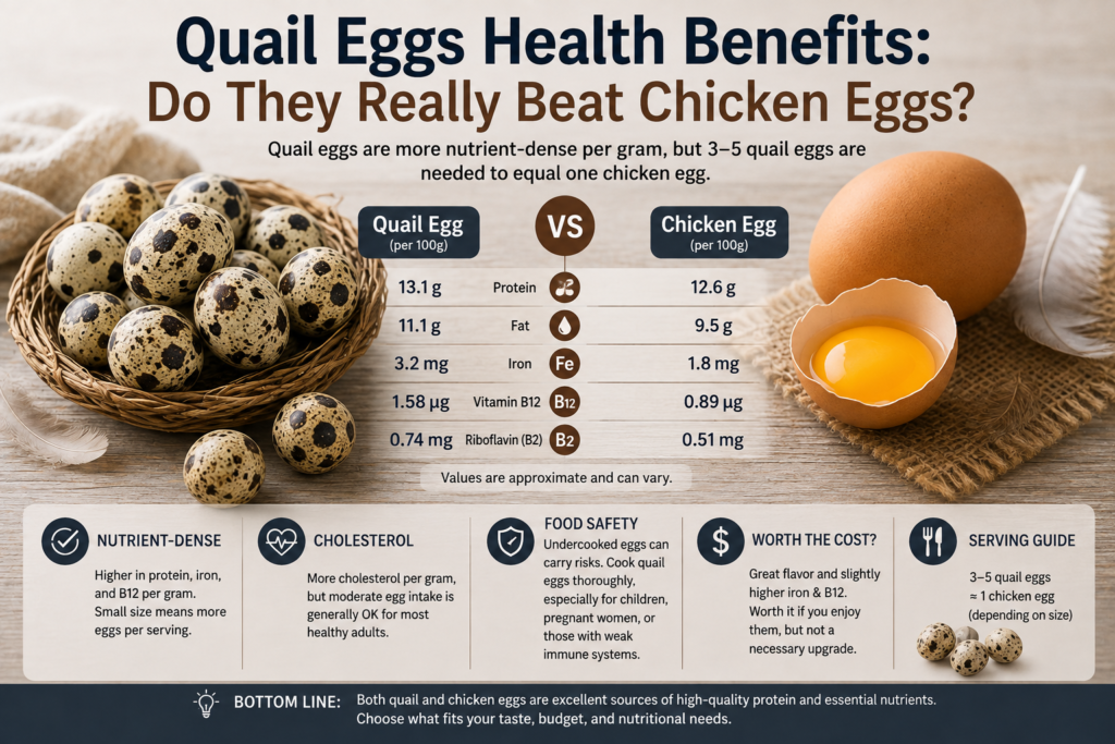 Quail eggs health benefits compared with chicken eggs, including nutrition, serving size, cholesterol, and food safety