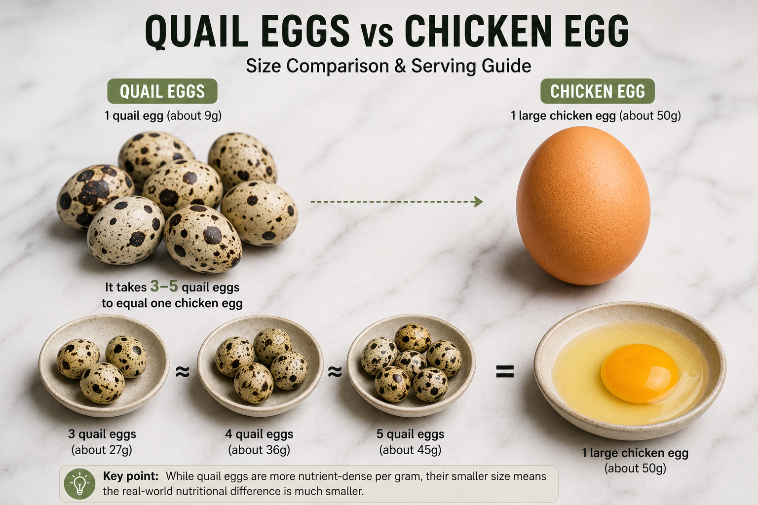 Quail eggs compared with chicken eggs for nutrition and serving size