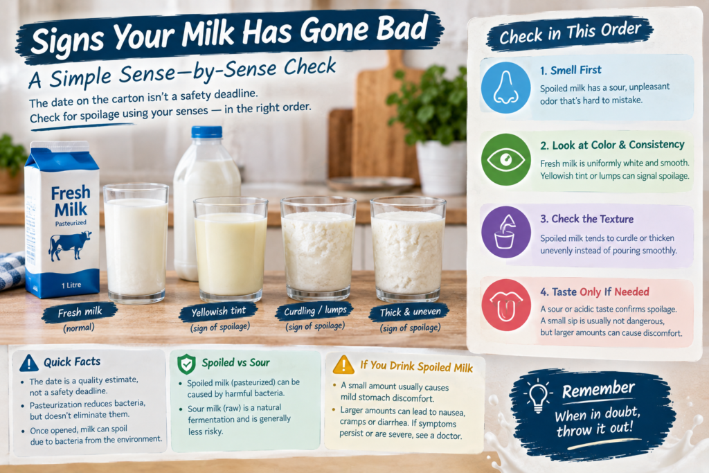 Signs your milk has gone bad showing sour smell, yellowish color, curdling, and thick uneven texture