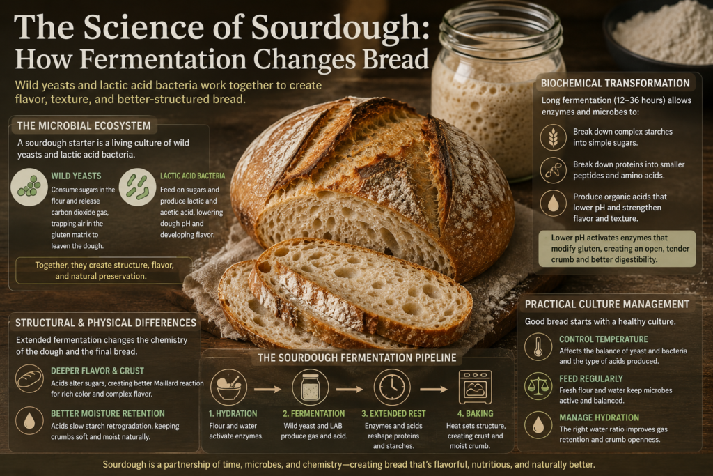 The science of sourdough fermentation showing wild yeast, lactic acid bacteria, and how fermentation changes bread structure, flavor, and texture.