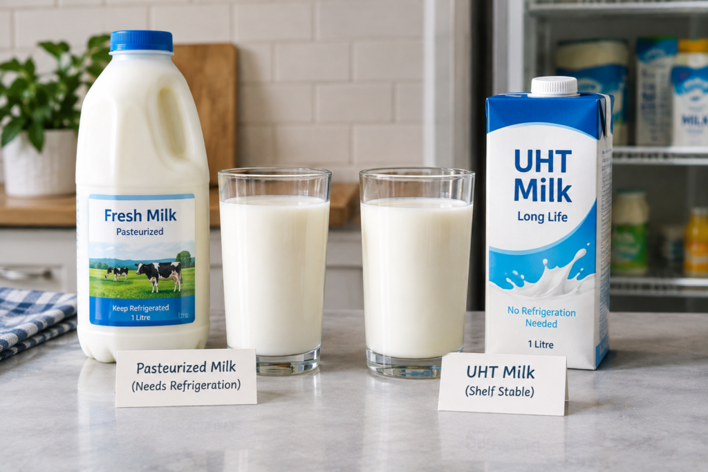 UHT milk and pasteurized milk in glasses with their packaging showing shelf stability and refrigeration differences