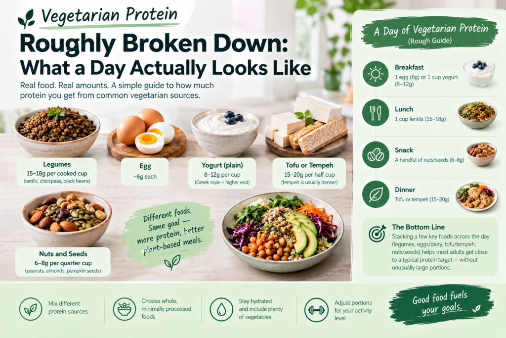 Vegetarian protein sources including lentils, eggs, yogurt, tofu, tempeh, nuts, and seeds with a sample daily meal plan