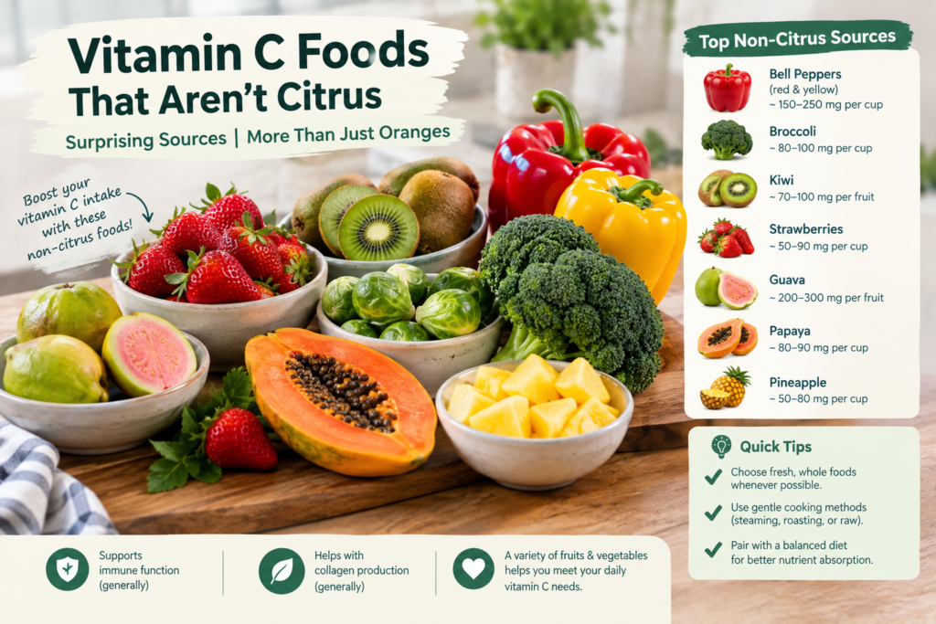Vitamin C foods that aren't citrus including bell peppers, broccoli, kiwi, strawberries, guava, papaya, and pineapple