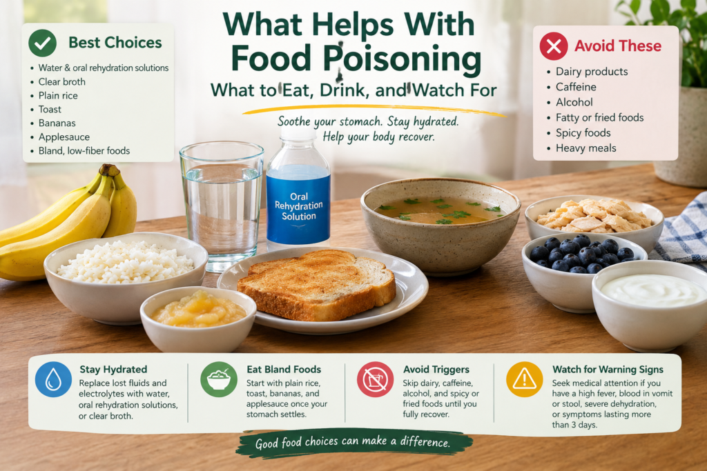 Foods and drinks that may help with food poisoning recovery, including water, oral rehydration solution, rice, toast, bananas, and broth