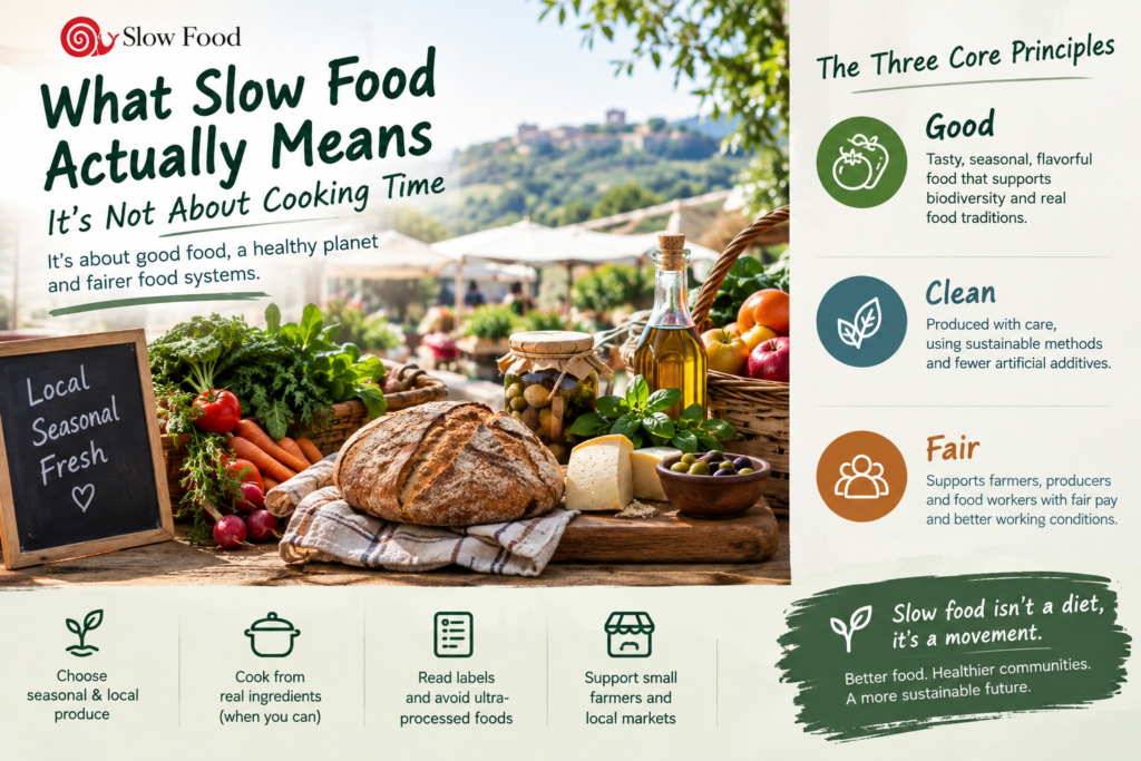 Slow food principles showing good, clean, and fair food with seasonal produce, local ingredients, and sustainable practices