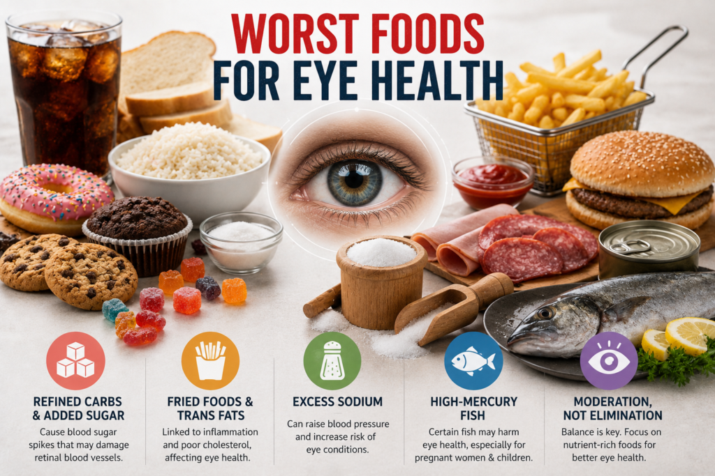 Foods to limit for eye health including sugary foods, fried foods, salty processed foods, and high-mercury fish