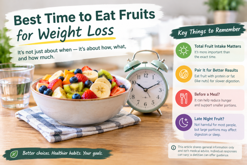 A bowl of mixed fruit next to a clock, representing the best time to eat fruit for weight loss
