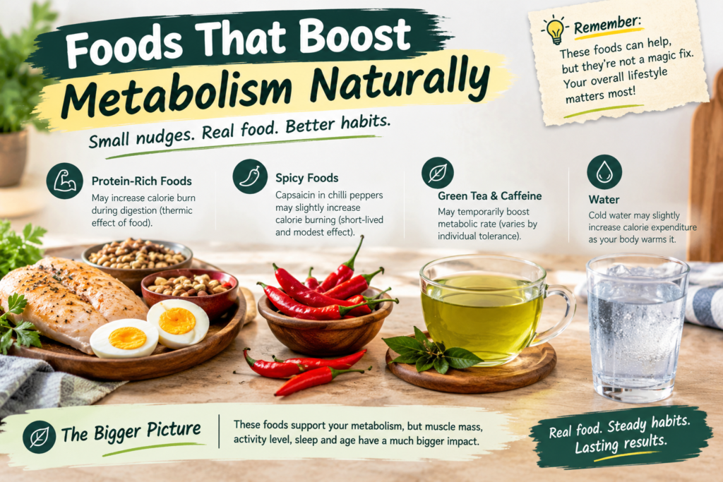 Protein-rich foods, green tea, and chili peppers linked to metabolism, with a glass of water illustrating healthy hydration