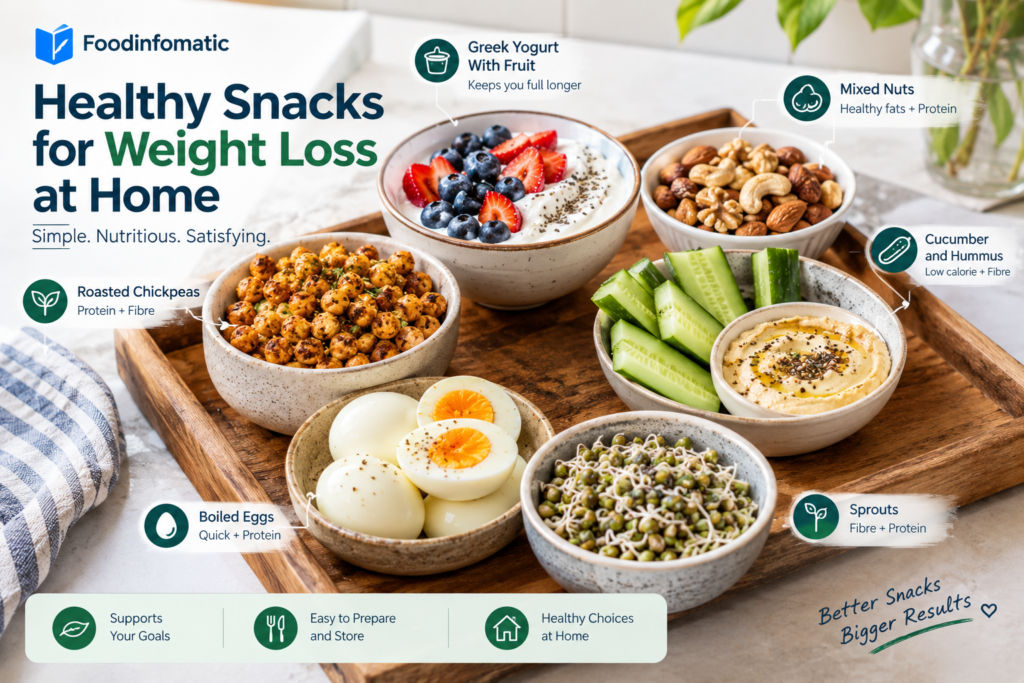 An infographic detailing healthy home-made snacks for weight loss including Greek yogurt with fruit, roasted chickpeas, boiled eggs, sprouts, mixed nuts, and cucumber with hummus.