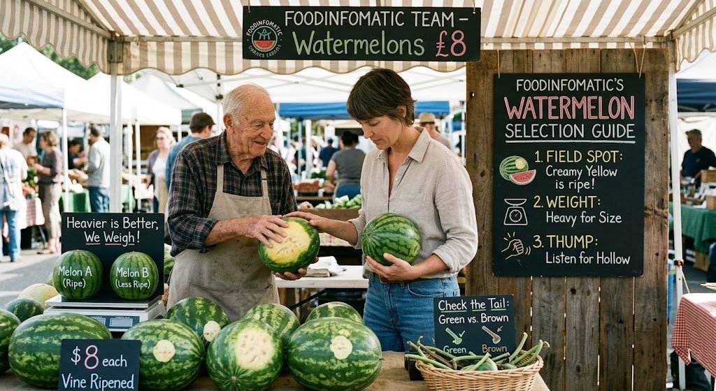 A customer at an outdoor market checking the creamy yellow field spot and thumping a fresh watermelon to test ripeness before buying.