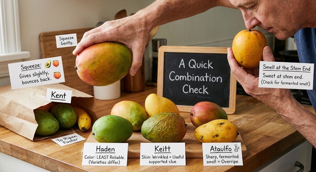 A close-up, natural light photo of a person's hands checking the ripeness of different mango varieties on a rustic wooden counter, demonstrating sensory techniques like the squeeze test and smell check.