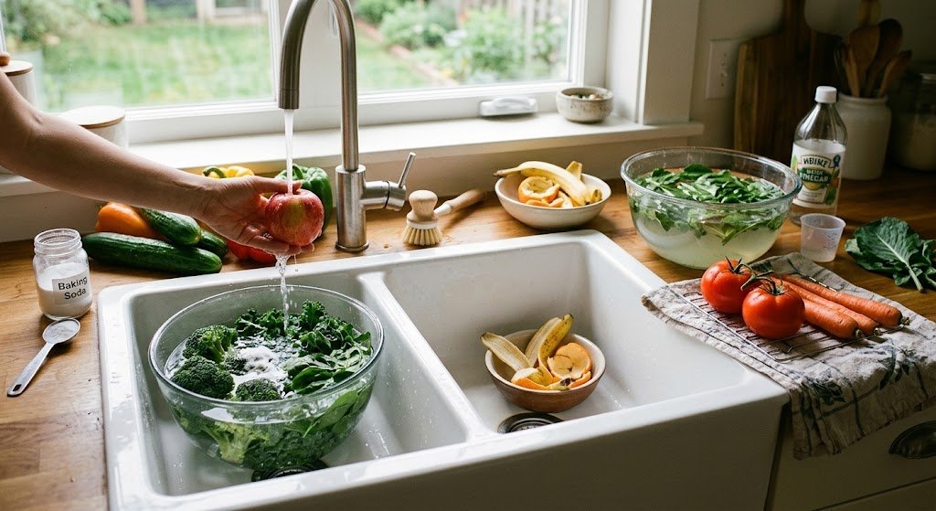 A natural, home kitchen scene with two basins where fresh vegetables like broccoli, spinach, and apples are being washed. In one basin, baking soda is being sprinkled to remove pesticides.