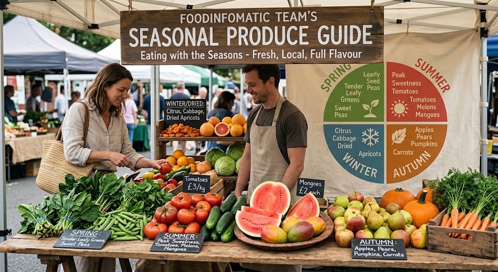 A colorful seasonal produce layout on a rustic wooden table featuring fresh spring greens, summer watermelon, autumn apples, and winter citrus fruits representing eating with the seasons.